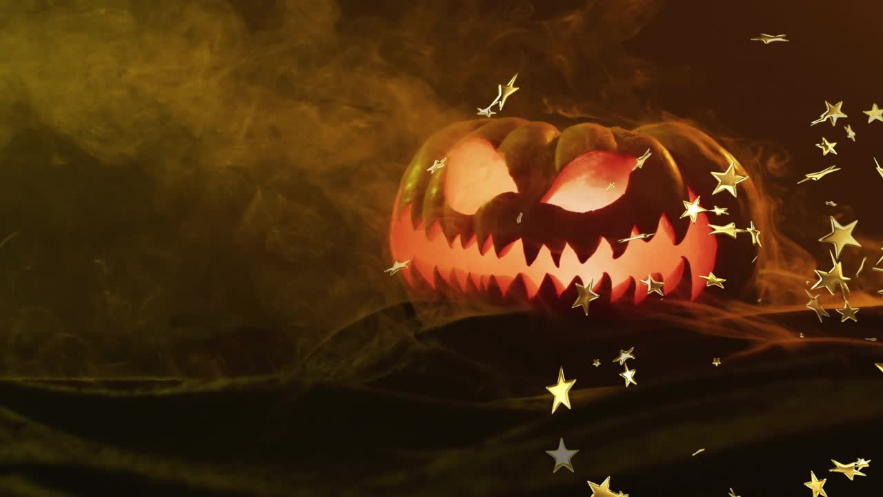 At start carved jack-o-lantern flickering star confetti drifting and swirling evoking spooky mood