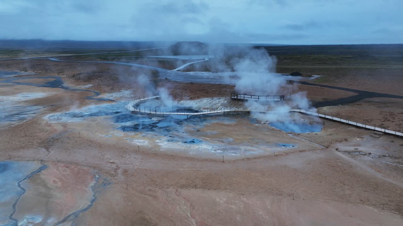 Boardwalk bridge over hot spring field of hverir geothermal area. Aerial wide shot. Cloudy day in Iceland