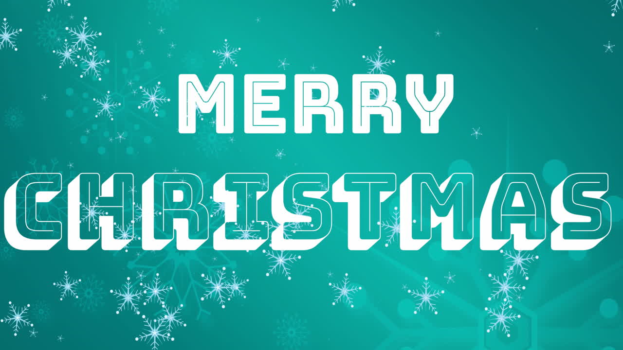 파란색 배경에 움직이는 눈송이와 함께 메리 크리스마스 텍스트의 애니메이션