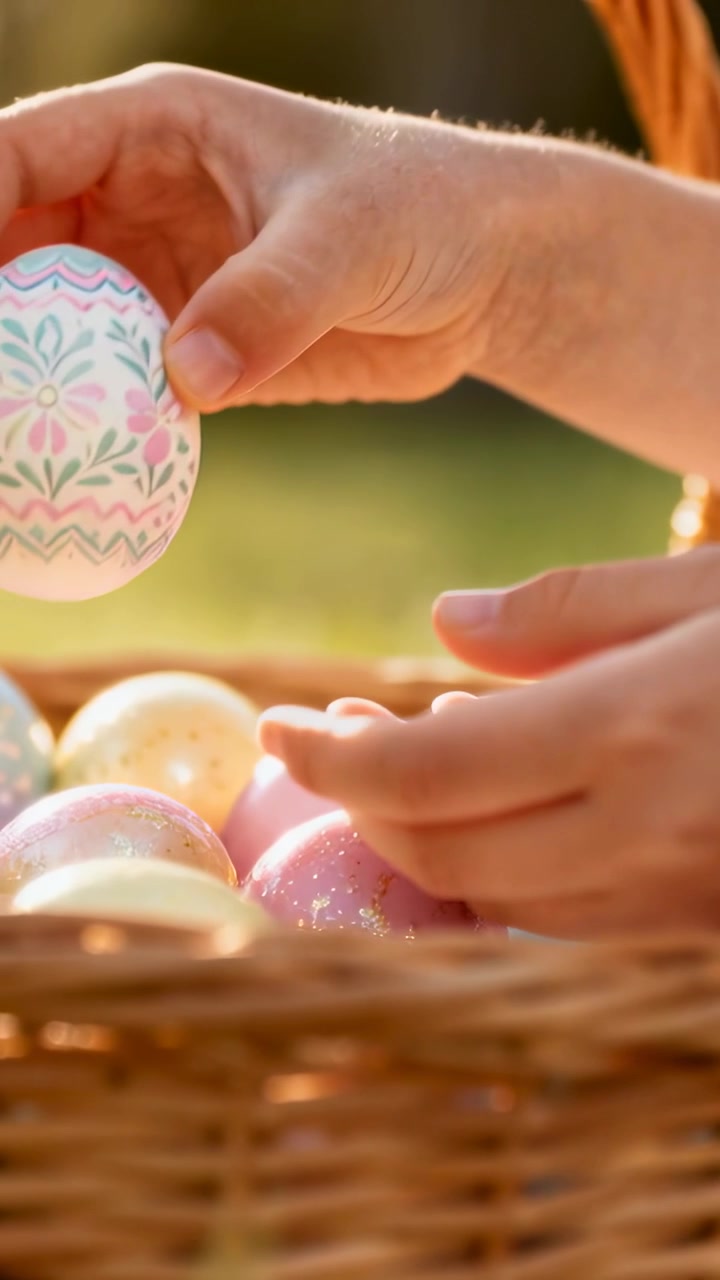Video verticale: Braccio nudo di un bambino che solleva e ruota un uovo dipinto in giardino, con uova glitterate pastello sullo sfondo.