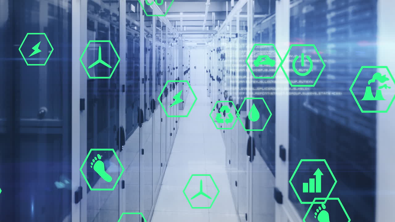 animación de iconos y bengalas de lentes con lenguaje de computadora sobre bastidores de servidores de datos en la sala de servidores