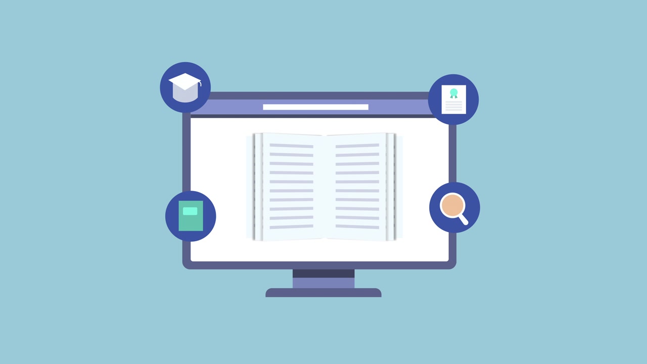 Animated Computer Monitor Displaying Educational Content and Icons