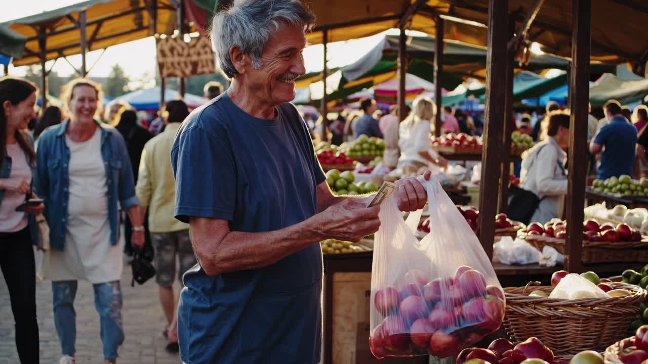 Una escena de mercado vibrante al atardecer, capturada desde un ángulo lateral.
