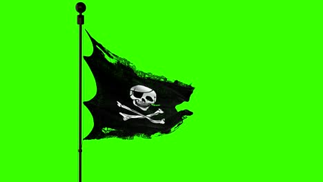 ripped tear grunge old fabric texture of the pirate skull flag waving in wind, calico jack pirate symbol at chroma key green screen background, dark mystery style, hacker and robber