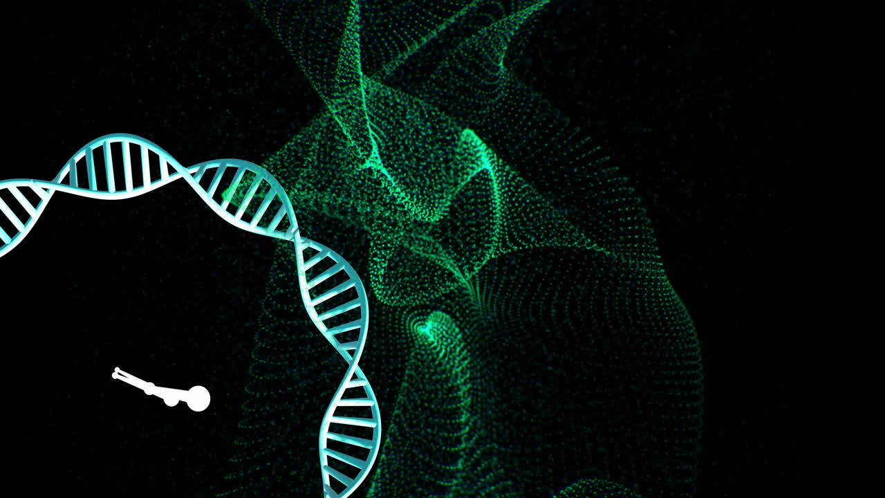 cadena de adn y ondas digitales verdes abstractas, animación de procesamiento de datos científicos