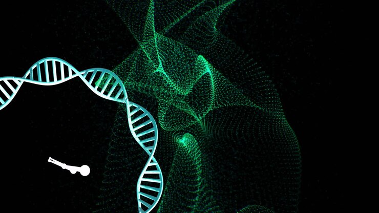 DNA strand and abstract green digital waves, scientific data processing animation