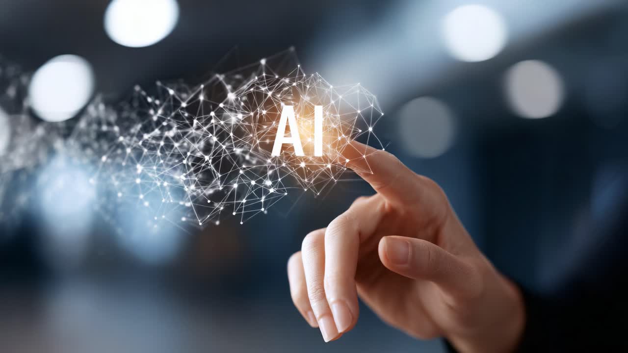 Visualizzare il futuro della tecnologia: una mano con intelligenza artificiale in una rete cosmica di connettività e innovazione
