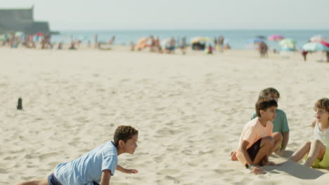 Slow-motion-of-boy-kicking-soccer-ball-with-foot-on-summer-day