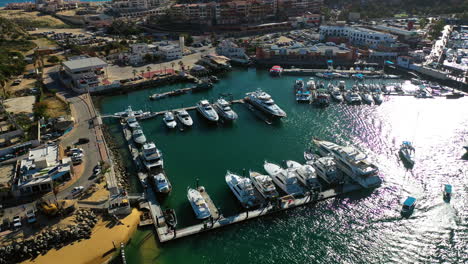 Aerial-view-over-boats-parked-at-the-Marina-Mazatlán,-sunny-day-in-Sinaloa,-USA