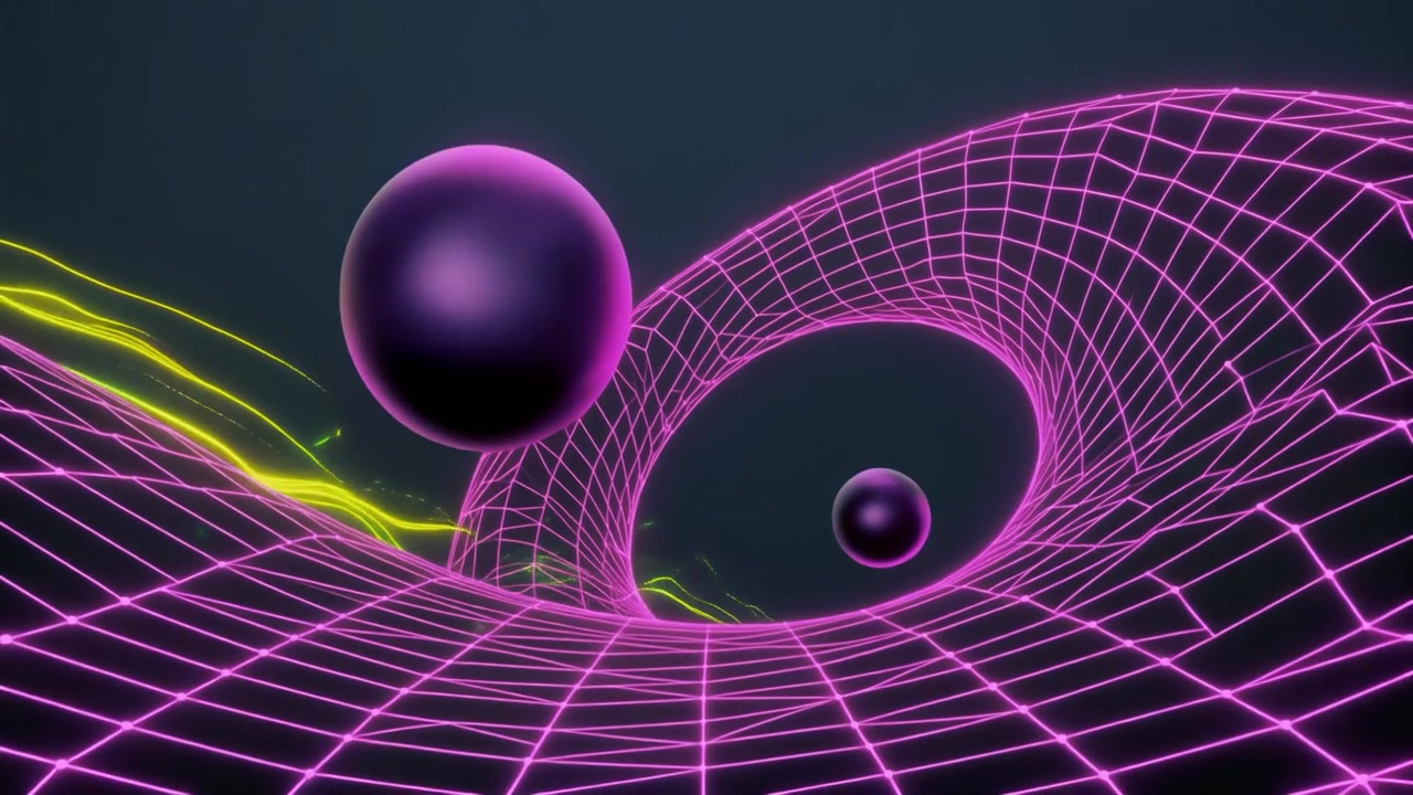 Abstract 3D Animation of Spheres Moving Over a Glowing Neon Grid