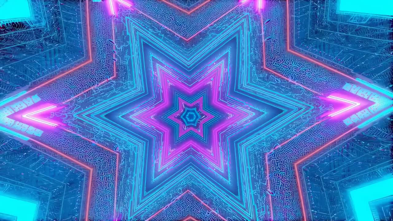 Vista aerea di motivi a stella al neon in stile caleidoscopio, perfetto per un video futuristico.