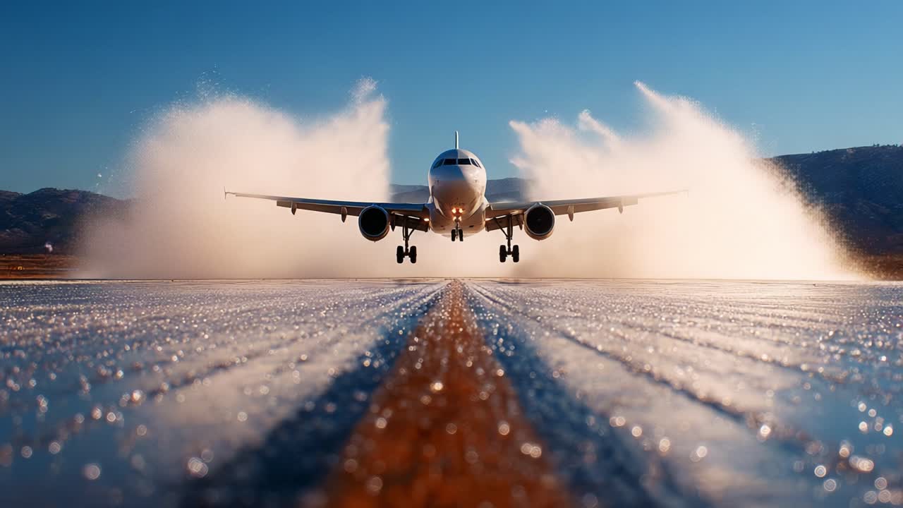 A Powerful Airplane Takes Off from a Wet Runway, Creating a Splendid Water Spray Effect as It Gains Speed Against a Bright Blue Sky During a Sunny Day