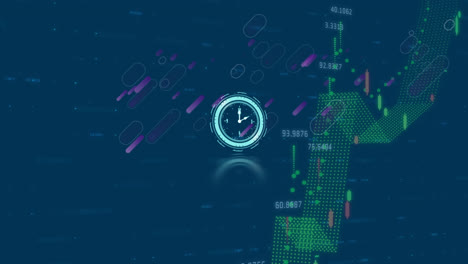 Animation-of-moving-clock-over-purple-lines,-graph-and-data-processing