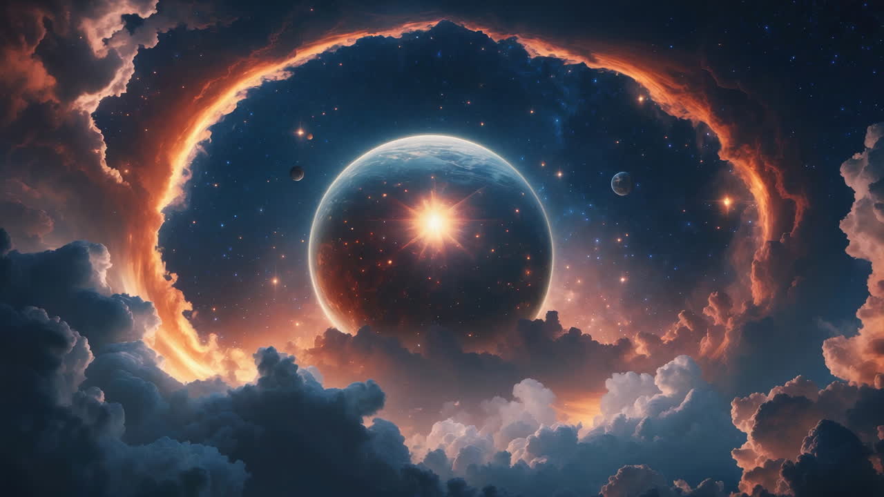 Celestial Planet Framed by Cosmic Clouds