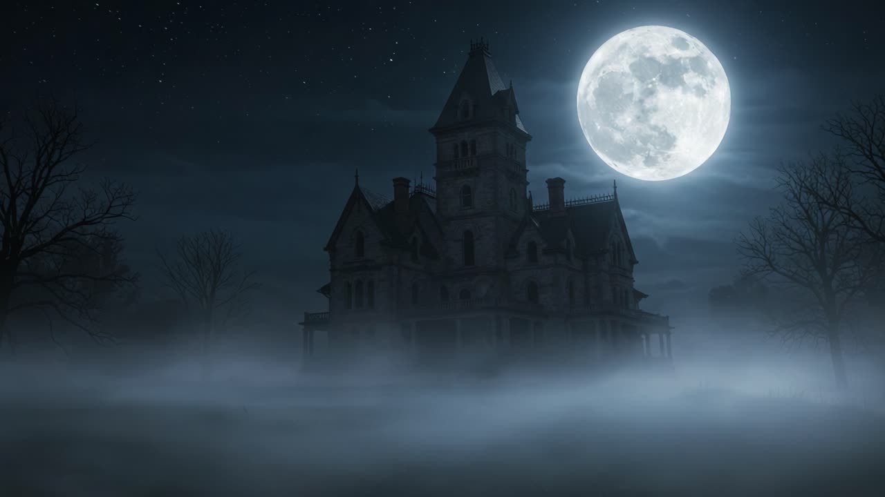 Una villa misteriosa ed enigmatica emerge dalla fitta nebbia sotto la luna piena splendente, creando un'atmosfera inquietante di intrigante mistero e bellezza spettrale.