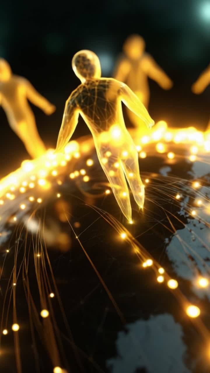 Un'immagine accattivante di figure luminose interconnesse che trascendono i confini, simboleggiando la connettività digitale e l'evoluzione dell'interazione umana in un regno virtuale.