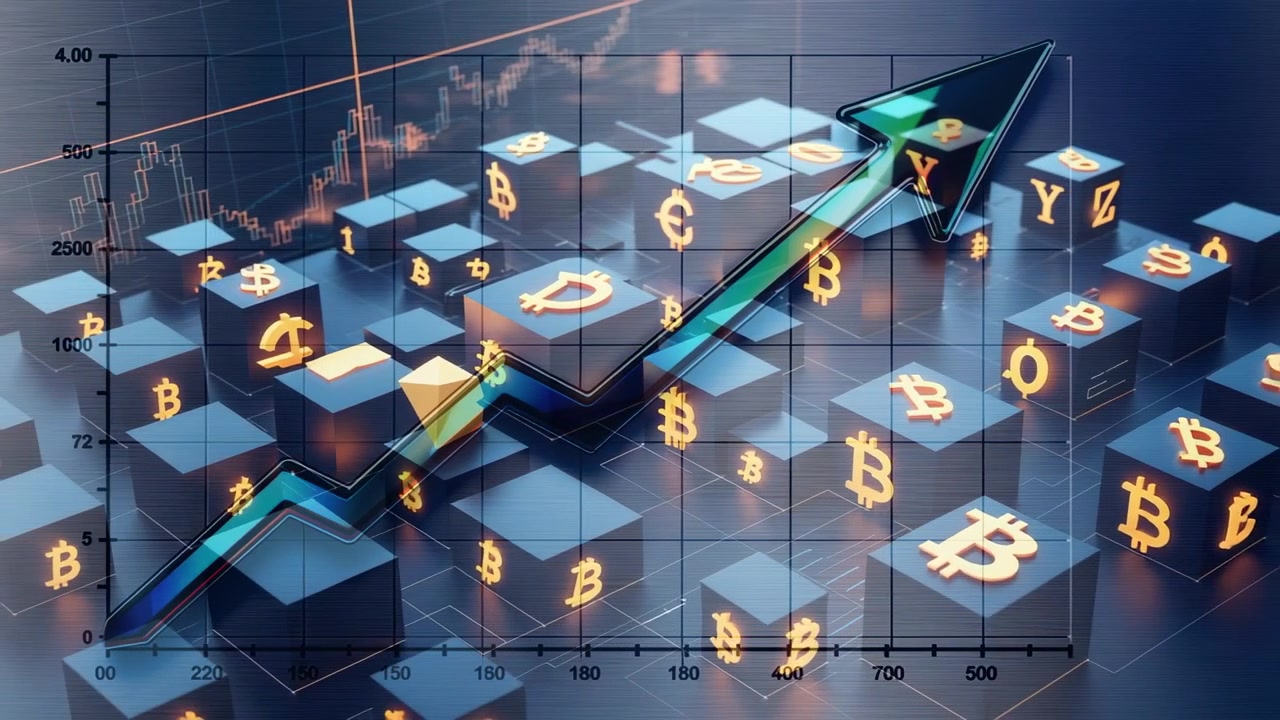Flecha verde ascendente se formando em painel de grade de cubos após linha azul-petróleo emergir, mostrando crescimento de cripto.