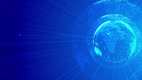 Animation shows rotating digital globe illuminated by radiant light rays global data exchange