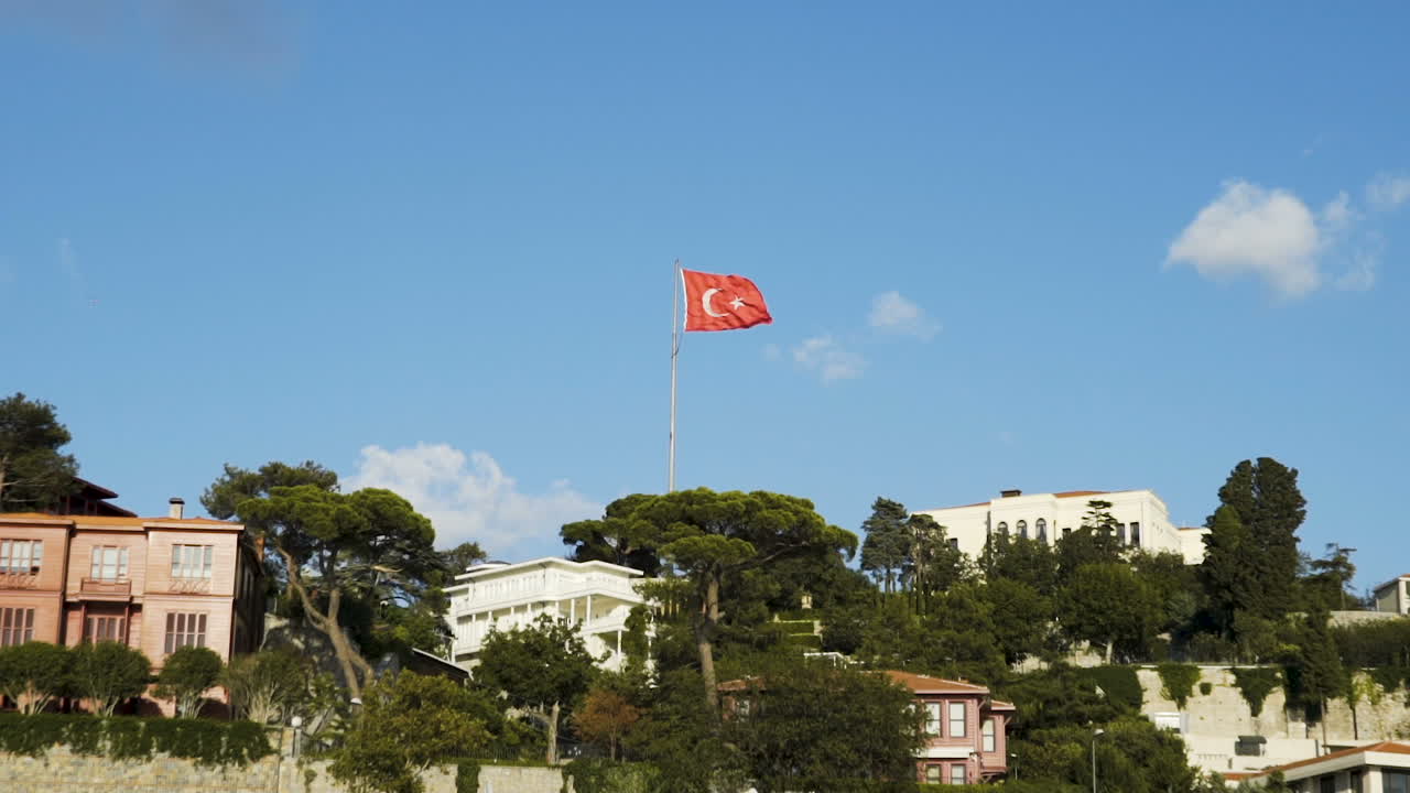 Turkish Flag Flying Over Istanbul Hills