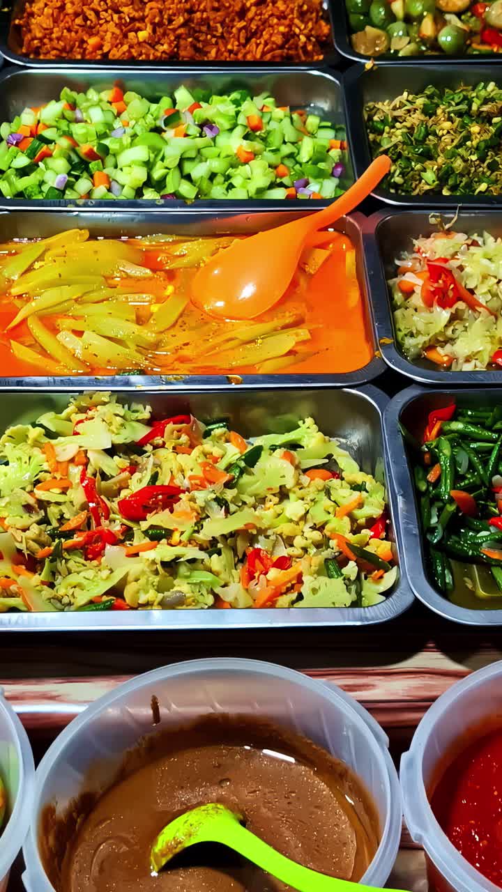 A Colorful Spread of Freshly Cooked Vegetable Dishes is Displayed in Metal Trays at a Local Food Stall in Gili Trawangan, Lombok, Indonesia - Vertical Shot