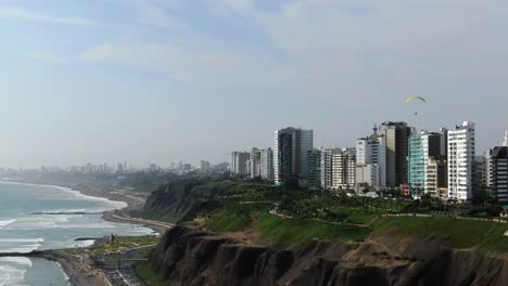 Video-Aéreo-De-4k-Durante-El-Día-Con-Vistas-A-Las-Colinas-Costeras,-El-Parque-Y-Los-Edificios-En-Lima,-En-La-Zona-Turística-De-Miraflores,-Perú-En-Un-Día-De-Verano