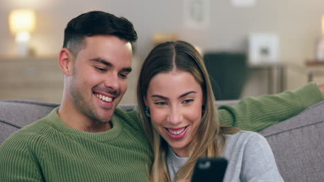 Happy,-couple-and-reading-phone-with-social-media