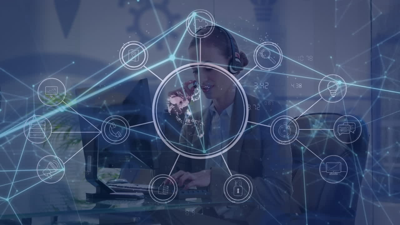 animación de la red de conexiones a través de una consultora caucásica utilizando una computadora