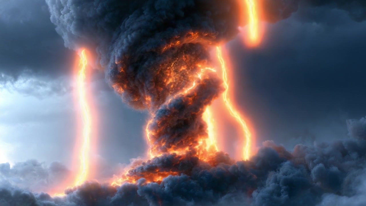 Un'intensa visualizzazione di un'eruzione vulcanica che mostra un tornado infuocato di lava ed elettricità tra nuvole scure e minacciose e fulmini.