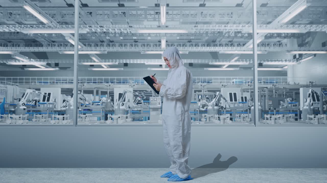 cuerpo lleno de vista lateral de científico masculino asiático tomando notas en una tableta mientras está de pie en una fábrica de laboratorio moderno con robots automatizados