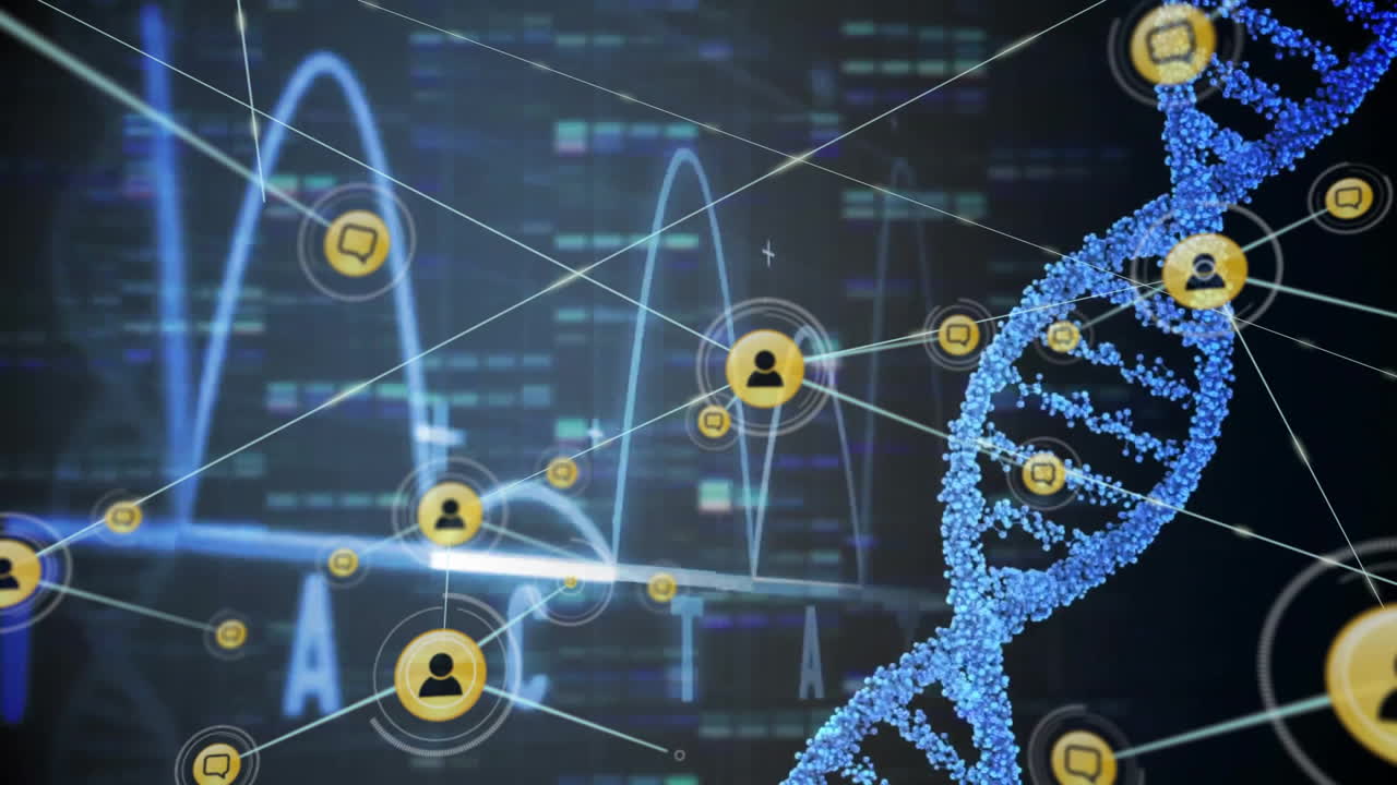 Animation of network of connections with people icons over dna strand on dark background