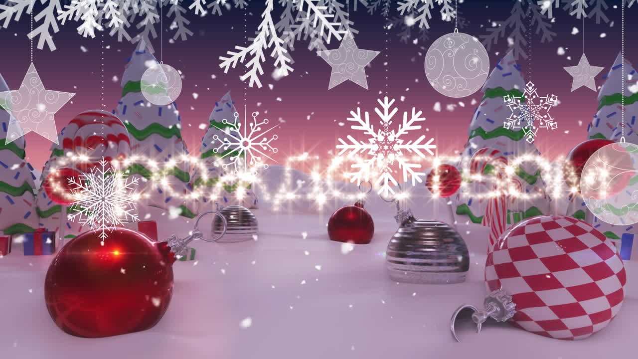 feliz navidad en texto ruso y nieve cayendo sobre las decoraciones de navidad en el paisaje de invierno