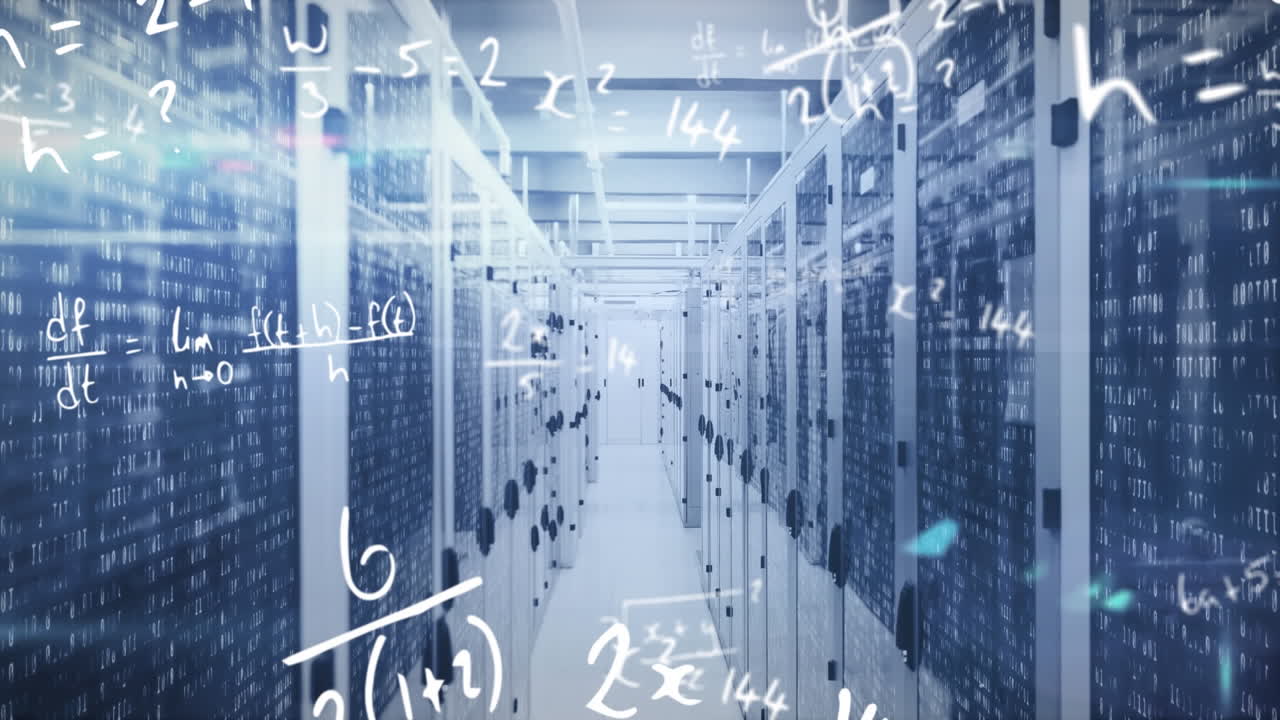 Animation of mathematical equations, light spot and mosaic squares against computer server room