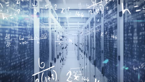 animation of mathematical equations, light spot and mosaic squares against computer server room