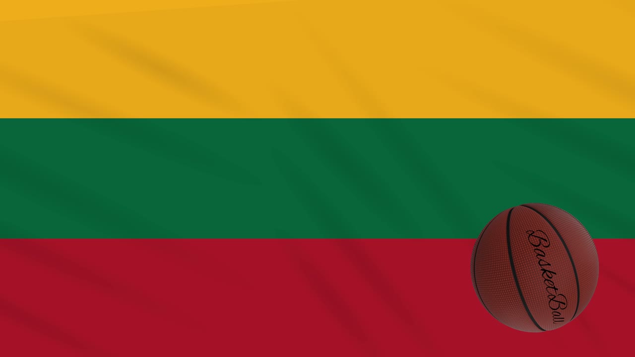la bandera de lituania se agita y el baloncesto gira, bucle