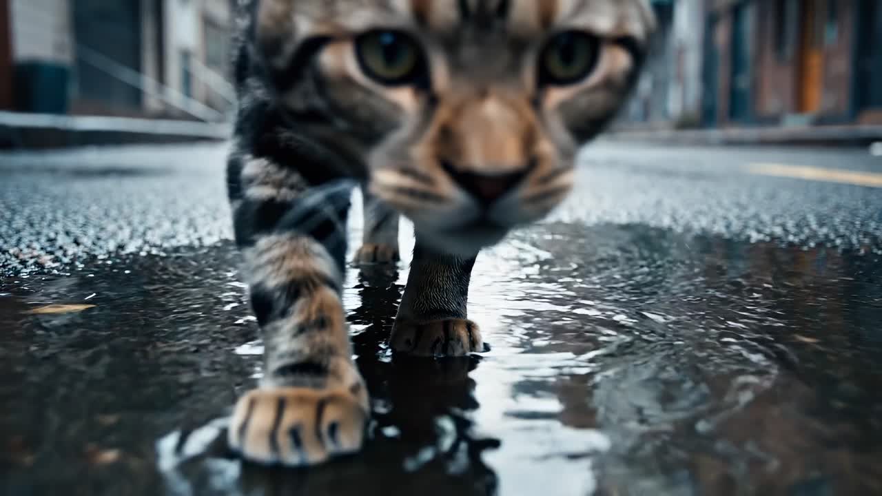 Rekaman sudut rendah seekor kucing yang berjalan di jalanan basah, memantulkan diri di genangan air, dengan gaya video sinematik.