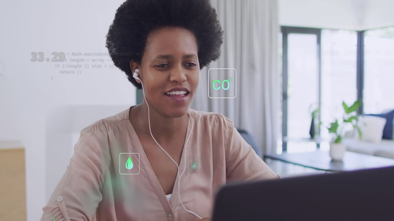 Woman starting online meeting, speaking and typing while green icons showing sustainability metrics