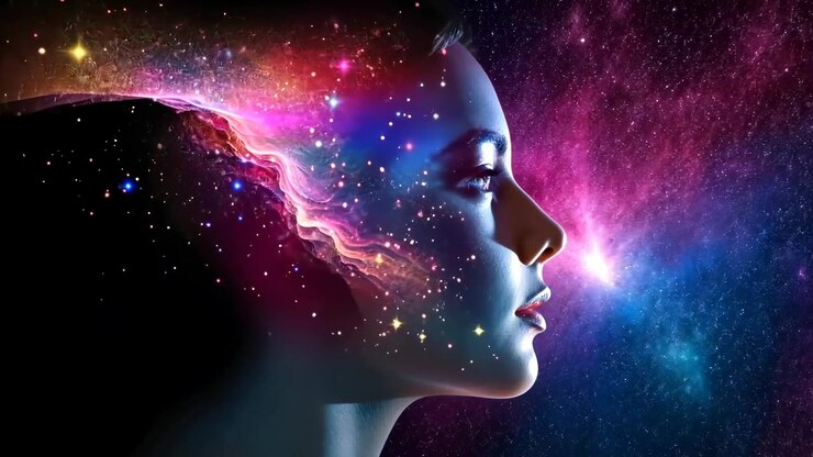 Profilo di una donna con una mente a nebulosa cosmica