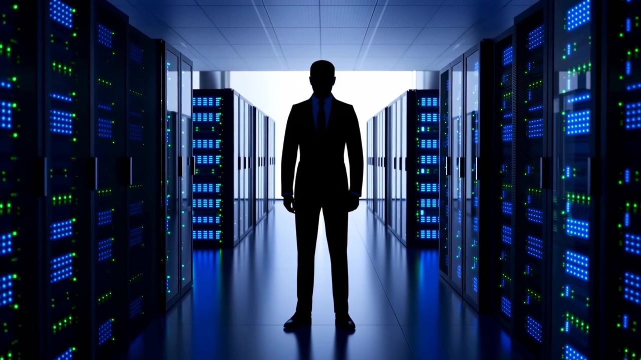 Silhouette a figura intera di un uomo d'affari in giacca e cravatta, fermo tra file simmetriche di armadi server con frontale in vetro, circondato da illuminazione blu fredda, indicatori luminosi e pavimento riflettente.