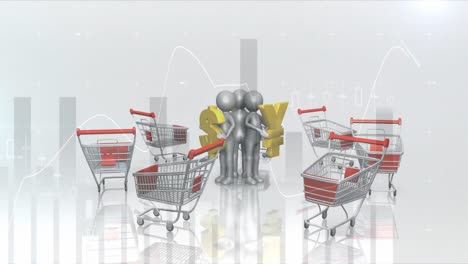 digital humans holding currency symbols against shopping trolleys and data processing