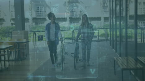 animation of data processing with padlock icon over biracial male friends walking with bicycles