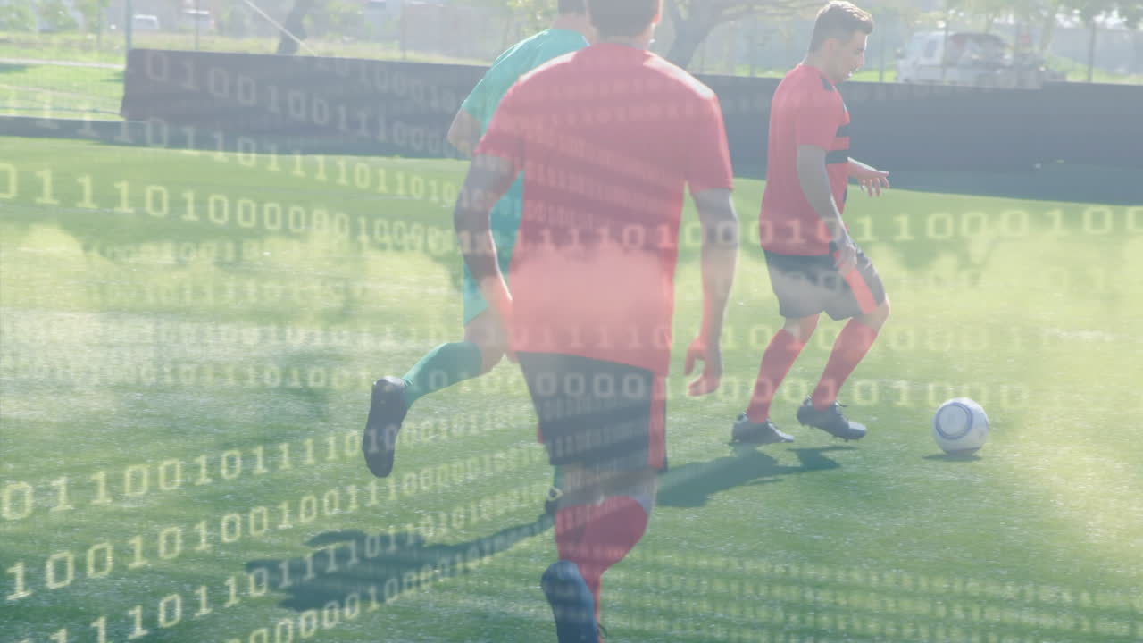 스타디움의 다양한 축구 선수들에 대한 바이너리 코딩의 애니메이션