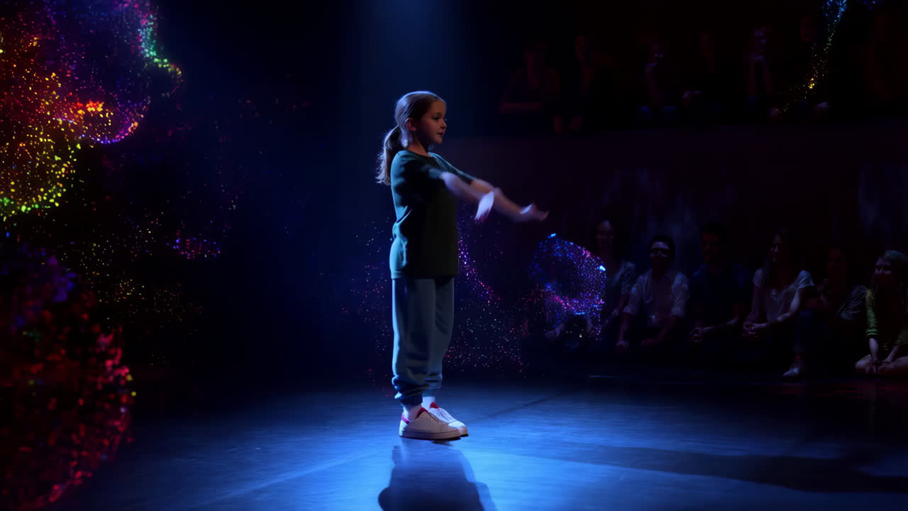 Ung pige danser dynamisk på scene med farverig belysning