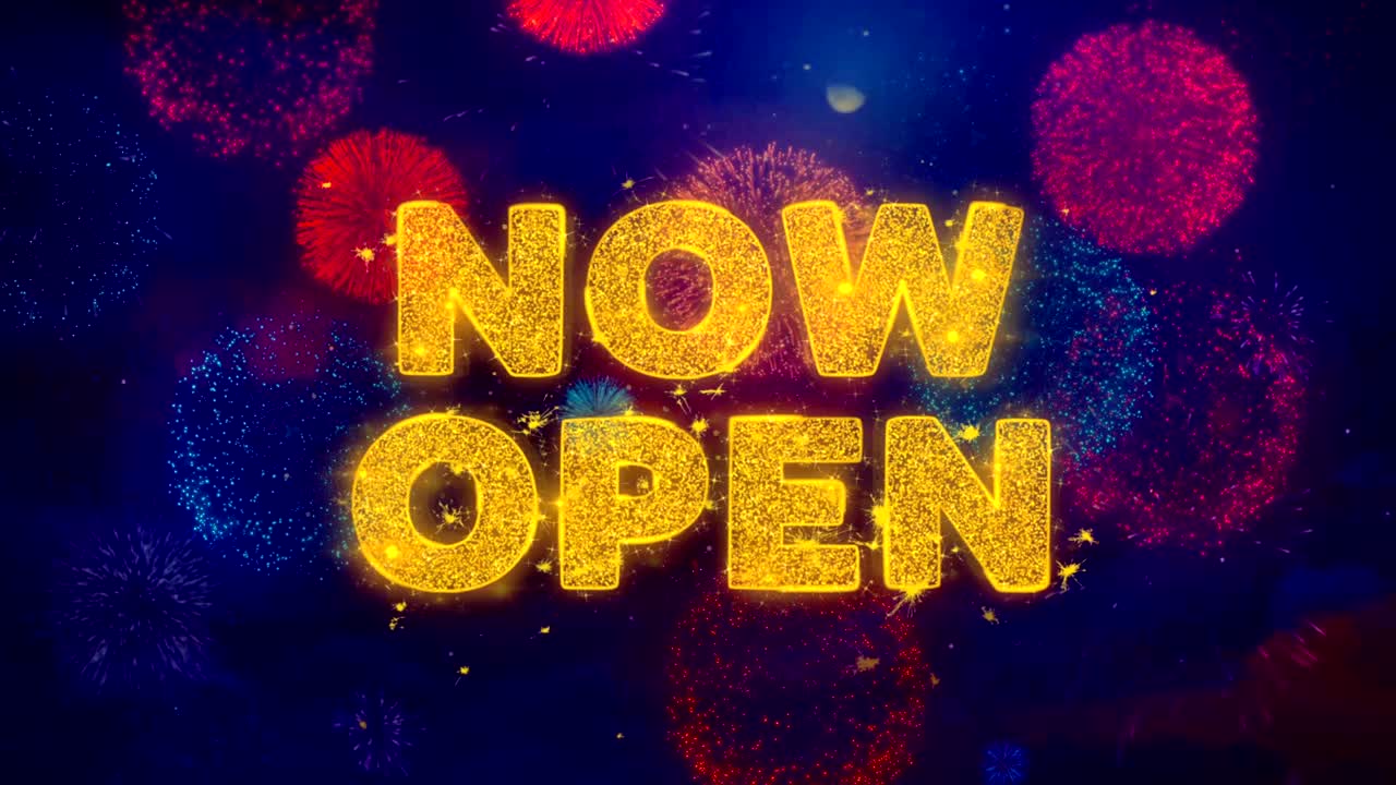 Now Open Text on Colorful Firework Explosion Particles.