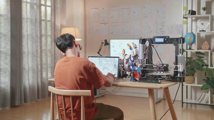 Ragazzo di spalle con una stampante 3D che ha mal di testa mentre progetta una mano cyborg su un laptop a casa