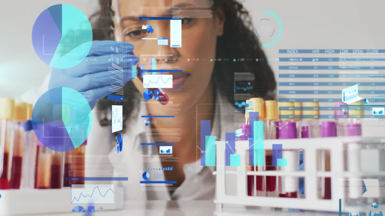 Analyzing test tubes, scientist processing data with animation overlay in laboratory