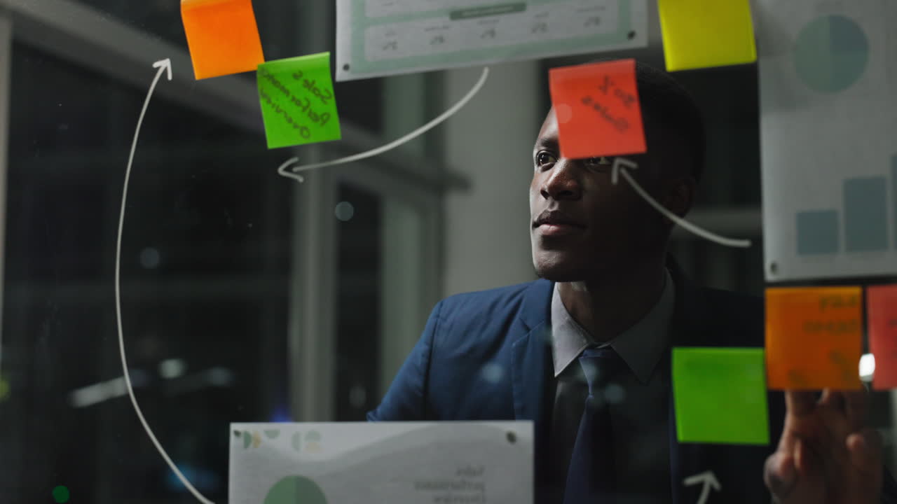Focused Businessman Planning Strategy on Glass Board with Sticky Notes