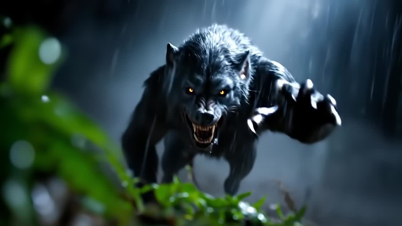 A werewolf in the rain with its mouth open in the woods