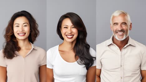 studio portraits of a diverse group of business people smiling, showing different facial expressions with closed and open eyes, conveying serenity, happiness and confidence