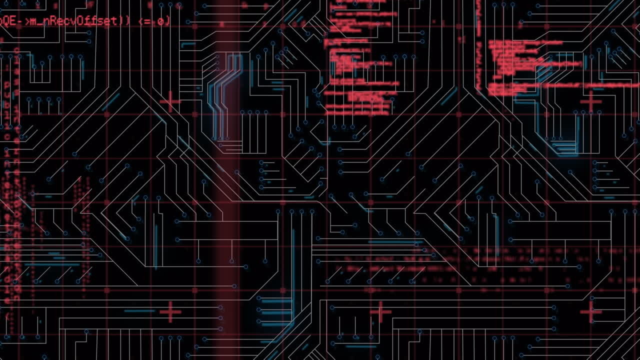 黒い背景のマイクロプロセッサ接続に対するデータ処理のデジタルアニメーション