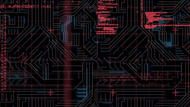 Digital animation of data processing against microprocessor connections on black background